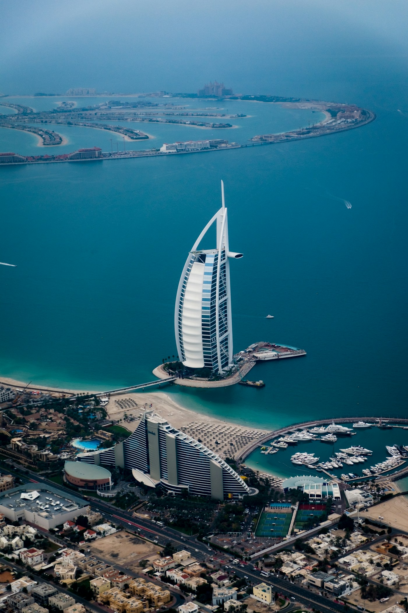 An aerial view of the Dubai coastline, Burj Al Arab and Palm Jumeirah